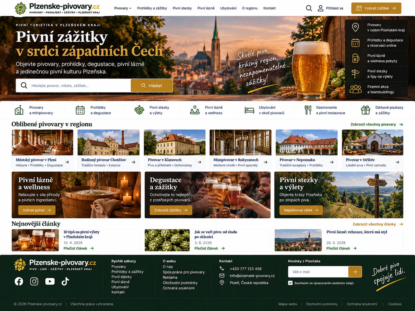 Ilustrační návrh regionálního pivovarského portálu v tmavě zelené, zlaté a krémové